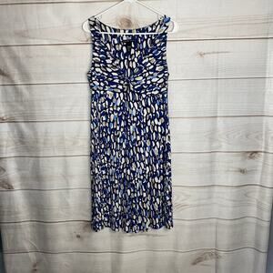 New York & Company Blue & White Splotch Fit and Flare Stretch Dress Size M